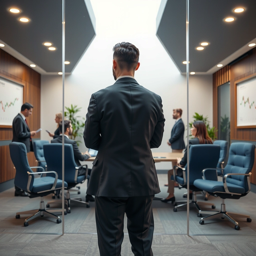 Financial consulting office with charts and professional meeting space