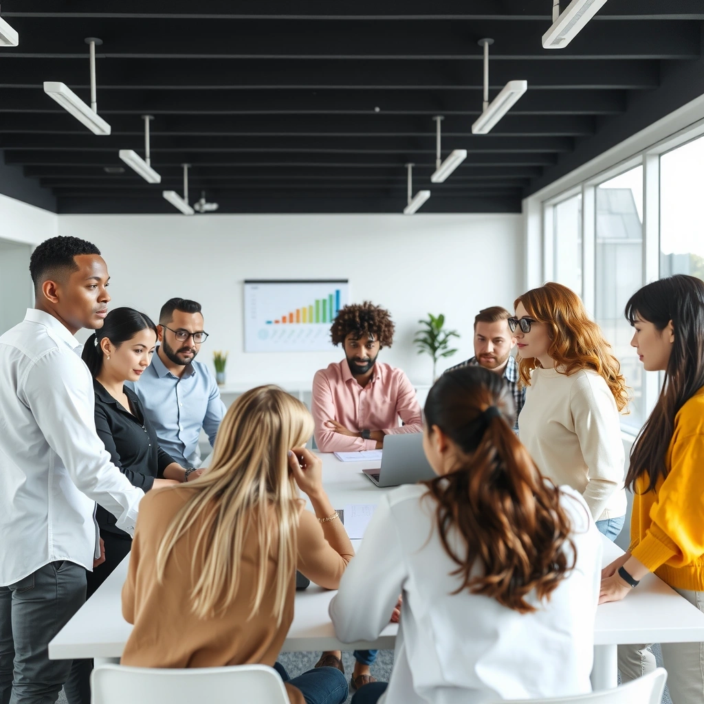 LeadFlowX team members working collaboratively in a modern office environment